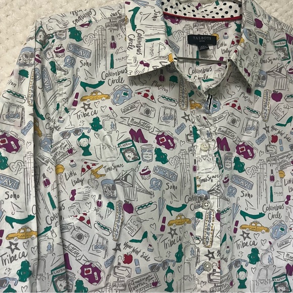 Talbots Top NYC Doodle 100% Cotton Button Front Long Sleeve Shirt Sz MP - Picture 5 of 8